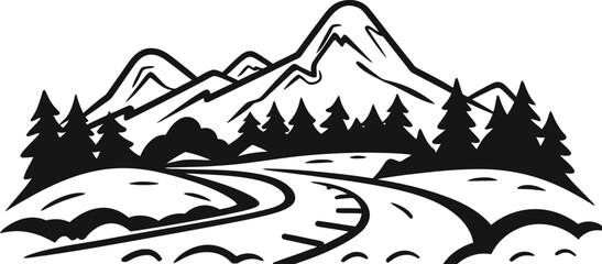 Landscape with mountains and river silhouette. Vector template for laser cutting.