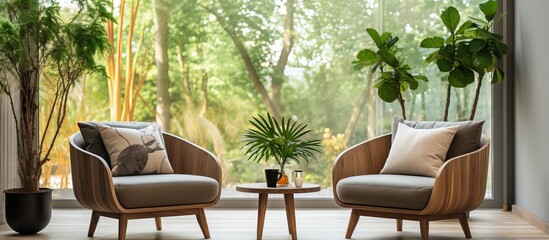 Contemporary indoor space with armchairs surrounded by plants and a table on wooden floor during the day at home