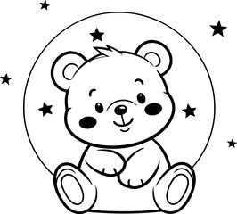 Cute teddy bear with stars silhouette in black color. Vector template.