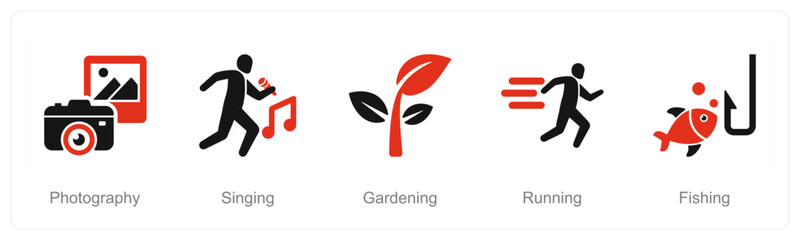 A set of 5 Hobby icons as photography, singing, gardening