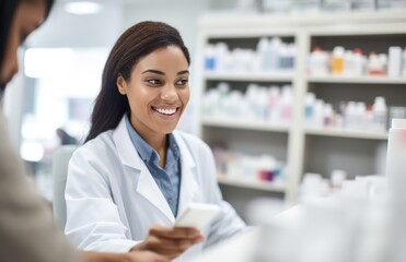 Portrait of smiling pharmacist selling medications in the pharmacy store. Female pharmacist working in chemist shop or pharmacy. Medical pharmacy drug purchase concept. - obrazy, fototapety, plakaty