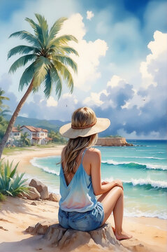 Watercolor painting of a girl, sitting on a tropical beach, looking out over the ocean.