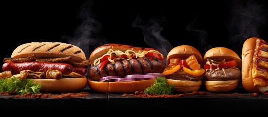Collection of barbecue grill photos showcasing sausages, steak, and onion sandwiches.