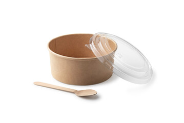 Open lid brown paper cup with wooden spoon on white