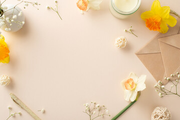 Extend your heartfelt spring wishes with daffodils and gypsophila. Top view image captures flowers,...