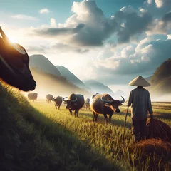 Papier Peint photo Lavable Buffle Farmer and water buffalos are in the rice field.