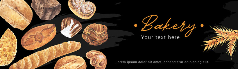 Bakery horizontal banner. Hand drawn sketch with bread, pastry, sweet. Wheat bread, pretzel, ciabatta, french baguette. web design, flyer, advertising.