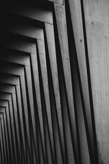Vertical grayscale shot of an array of wooden pillars