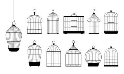 outlined cages. line art simple pixel perfect ornamental bird cages collection, metal animal transport handing cages. vector cartoon set of isolated objects.