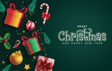 Merry christmas greeting card vector design. Christmas and happy new year text with gifts, balls, candy cane and spruce ornaments decoration elements in elegant green background. Vector illustration 