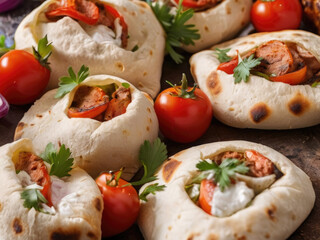 Hot pieces of meat from a barbecue on wheat pita bread. A fresh snack with greens and vegetables inside. An advertising look for fast food