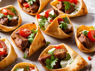 Hot pieces of meat from a barbecue on wheat pita bread. A fresh snack with greens and vegetables inside. An advertising look for fast food