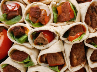 Hot pieces of meat from a barbecue on wheat pita bread. A fresh snack with greens and vegetables inside. An advertising look for fast food