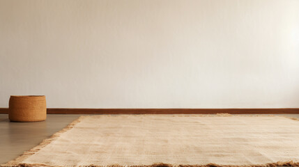 Minimalistic boho background with jute carpet and raffia basket. - obrazy, fototapety, plakaty