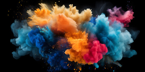 Explosion of colored powder isolated on black background. Abstract colored background,Colorful rainbow holi paint splash, Color Holi Festival.