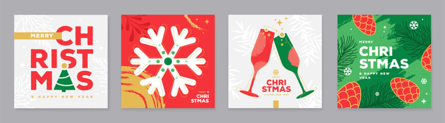 Set of Merry Christmas holiday typography greeting cards or covers in modern minimalist style. Vector illustration