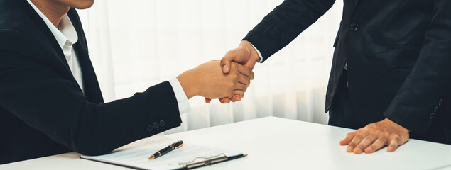 Two business executive shake hand in boardroom, sealing agreement merging two company. Handshake...
