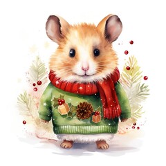 Generative AI, cute hamster animal, pet in Christmas hat and ugly sweaters, watercolor style. - obrazy, fototapety, plakaty