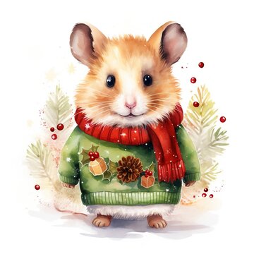 Generative AI, cute hamster animal, pet in Christmas hat and ugly sweaters, watercolor style.