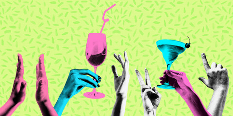 New Year 2024 party time. Contemporary art collage. Raising hands with cocktails against pastel retro background. Bright comics style design.