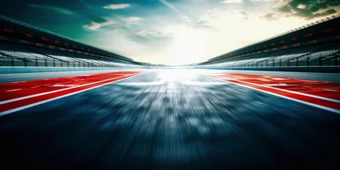 Foto auf Acrylglas F1 race track circuit road with motion blur and grandstand stadium for Formula One racing © Summit Art Creations