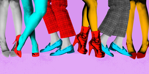 Poster. Contemporary art collage. Dancers legs dancing tap in club against retro colored background. Bright comics style design.