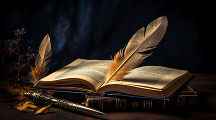 Old book and quill pen on dark background