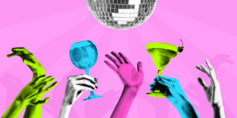 Poster. Contemporary art collage. Hands raised up with cocktails in dance club. Bright comics style...