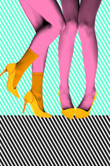 Poster. Contemporary art collage. Two young woman, legs dancing against retro stripped background....