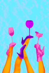 Poster. Contemporary art collage. On female legs stands cocktail glasses against retro blue background. Bright comics style design.