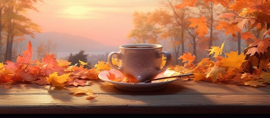Naklejka na ściany i meble Autumn brings colorful scenery and a touch of nostalgia. Hot beverages provide comfort.