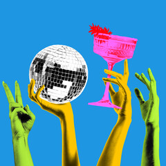 2024 Happy holidays. Contemporary art collage. Raising hands holds cocktails and disco ball against...