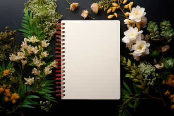 Flat lay empty notebook on the table and flowers on a dark background