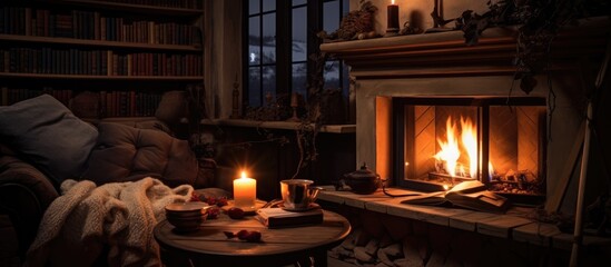 Cozy winter home with wine, book, candle, and fireplace in dark room.