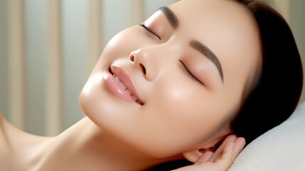 Obraz na płótnie Canvas image of happy asian woman with perfect skin, skin care, beauty salon, spa. legal AI