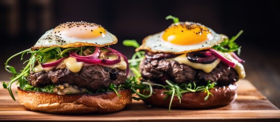 Close-up side view of two homemade beef burgers topped with mushrooms, micro greens, red onion, fried eggs, beet sauce, on wooden cutting board with empty space.