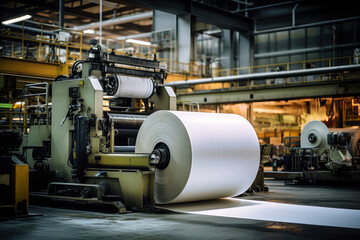 Automated equipment for paper production. Paper production plant. Machines that roll paper into rolls.
