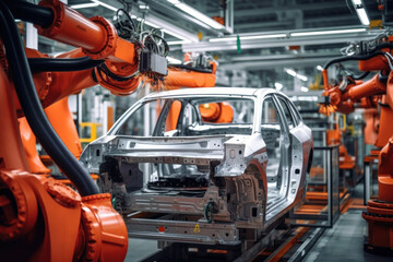 Automobile production line. Welding car body. Modern car assembly plant. Auto industry. Interior of a high-tech factory, modern production.