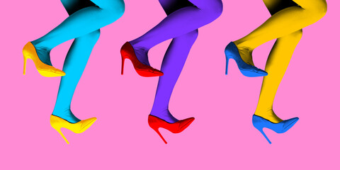 Poster. Contemporary art collage. Three pairs of legs lift s high when they dance in vivid color palette. Bright comics style design.
