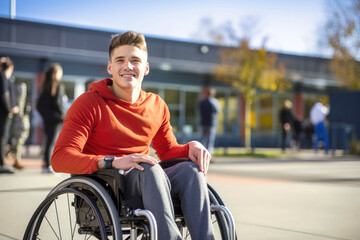 Guy in wheelchair at school or college. Education of people with disabilities. Social assistance to people with disabilities. Autism.