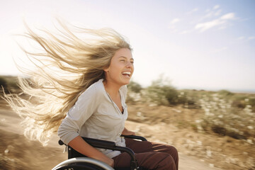 A disabled woman in a wheelchair with her hair blowing in the wind. Speed up and movement. Thirst for life and success. On open air.
