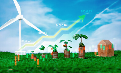 Growing coin or money stack with ESG business investment on alternative renewable energy with...