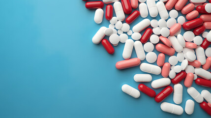 illustration of red and white medicine pills against blue background with copy space