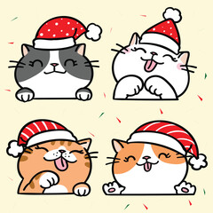 Vector Illustration of Cartoon Cat Face with Christmas Hat Characters on Isolated Background