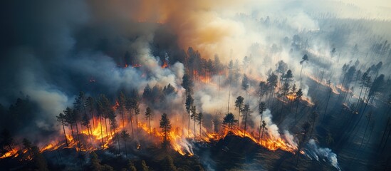 Fototapeta na wymiar Bird's-eye view of forest wildfire.