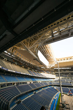 MADRID, SPAIN - NOVEMBER 16, 2023: Exterior of the Santiago Bernabeu, soccer stadium of Real Madrid, during renovation works. High quality photo