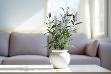 Lavender in a white ceramic pot in a cozy living room in a lilac sofa