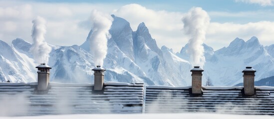 Chimneys of a chalet in the snowy Dolomites Alps - obrazy, fototapety, plakaty