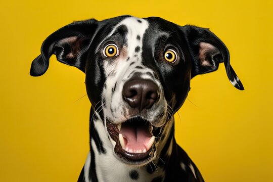 studio portrait of a dalmation dog with a surprised look on his face