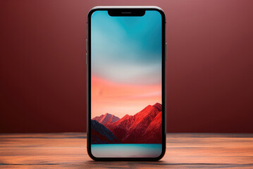 Smartphone with mountain landscape screensaver with sunset on the table